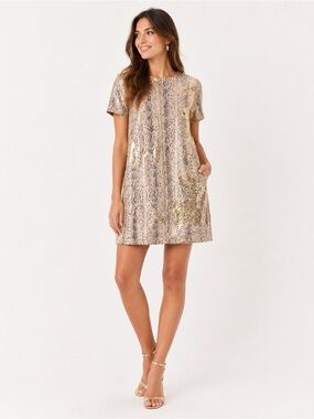 Karlie Snakeskin Sequin Shift Dress Small Gold Beige Party Cocktail
